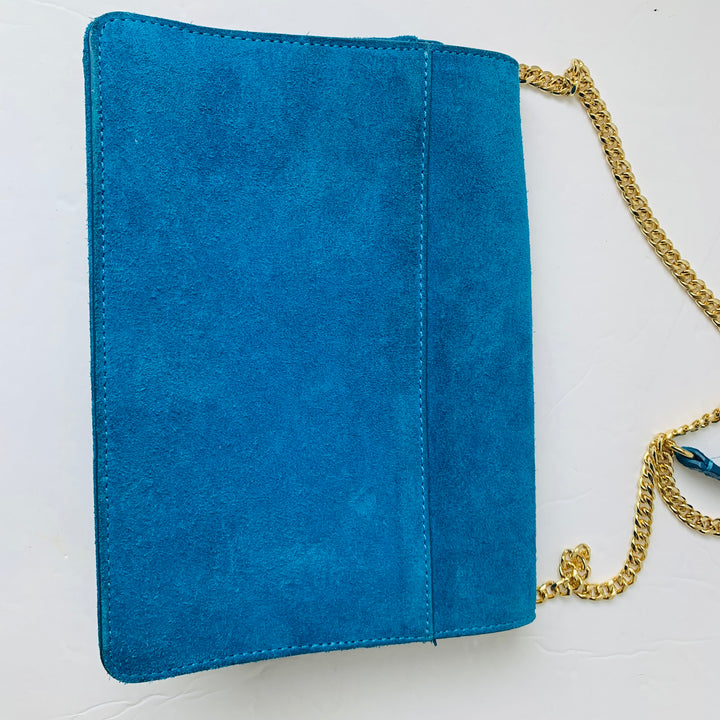 Banana Republic Royal Blue Suede Flap Over Crossbody Handbag With Gold Chain