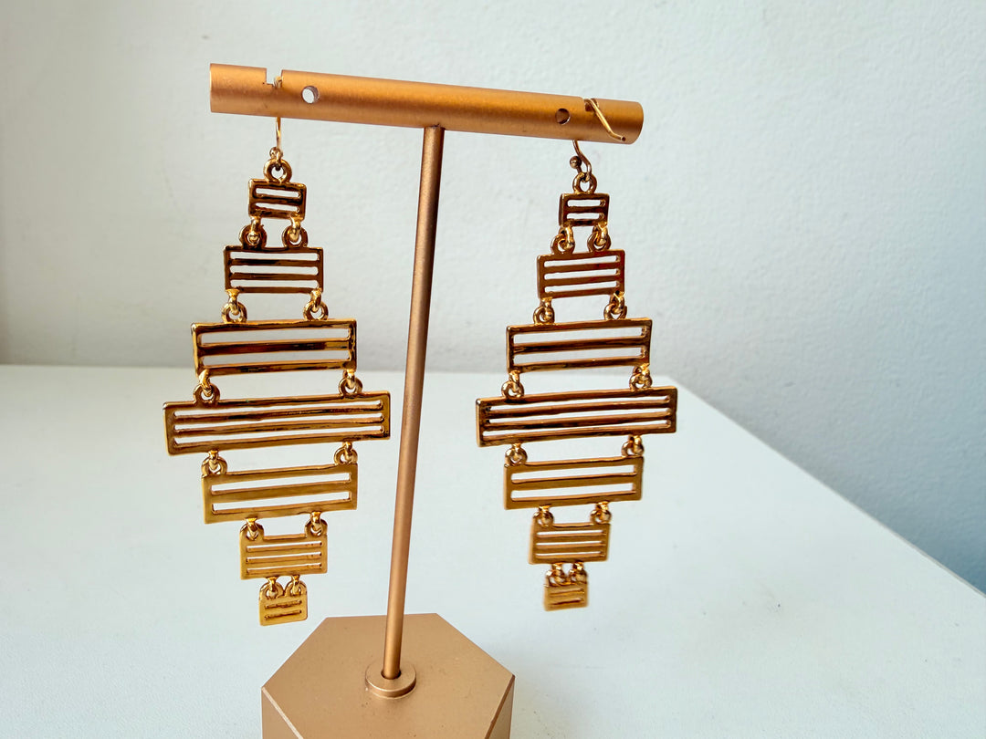 Gold Tone Geometric Ladder Layered Pierced Earrings