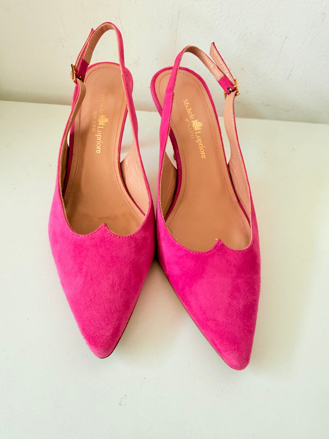 Michelle Lopriore Milano Pink Suede Heart Slingbacks Size 39