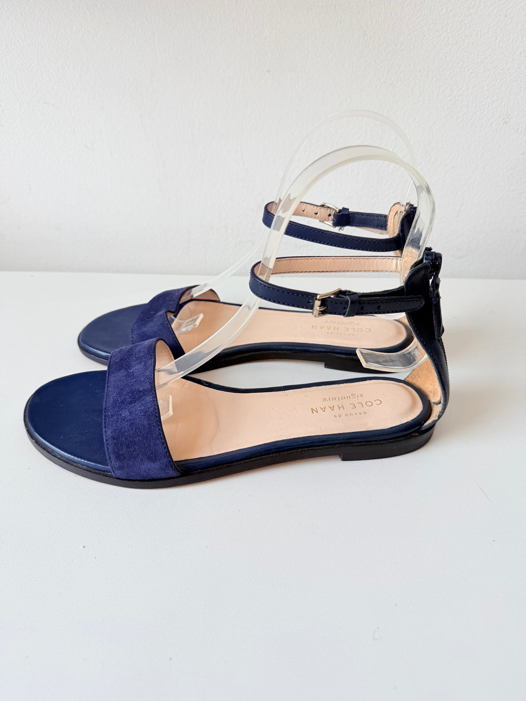 Cole Haan Adderly Blue Indigo Suede and Navy Blue Leather Zip Strap Size 7