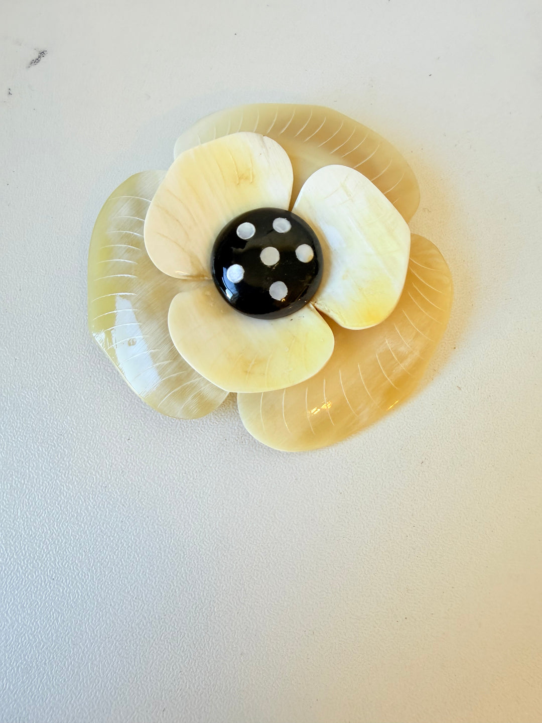 Carved Buffalo Horn Floral Brooch