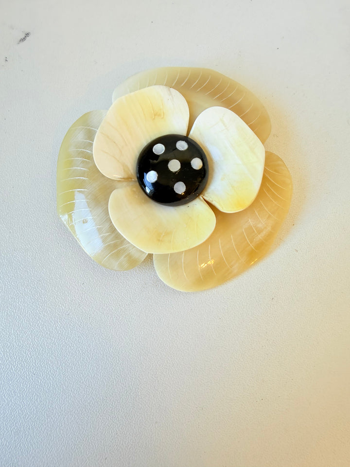 Carved Buffalo Horn Floral Brooch