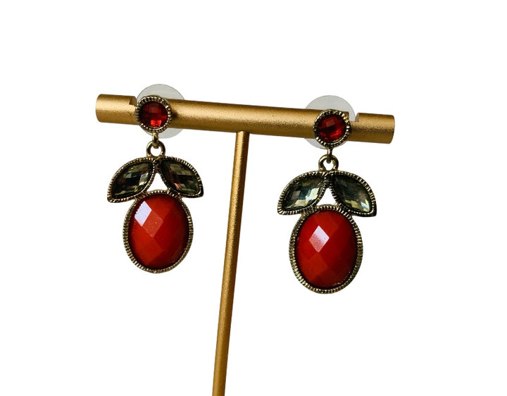 Red Stone and Rhinestone Pierced Earrings