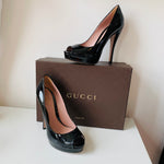 Gucci Vernice Crystal Black Patent Platform Peep Toe Pump Size 38