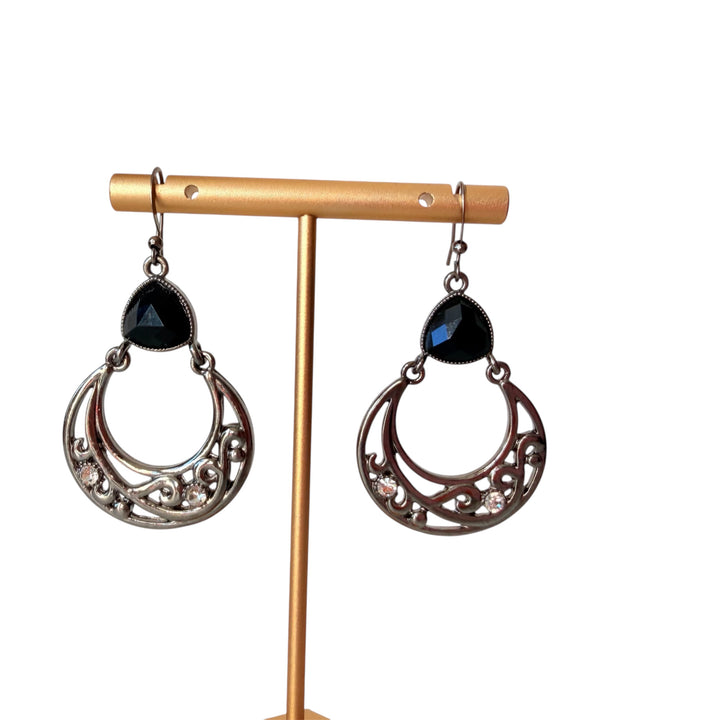 Silver & Black Rhinestone Stone Drop Hoop Pierced Earrings