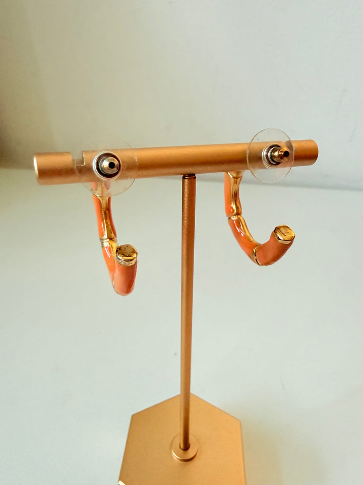 Kenneth Jay Lane Orange Enamel Bamboo Style Hoop Earrings
