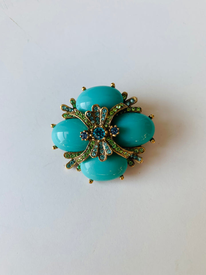 Vintage Turquoise Color Bead and Rhinestone Brooch