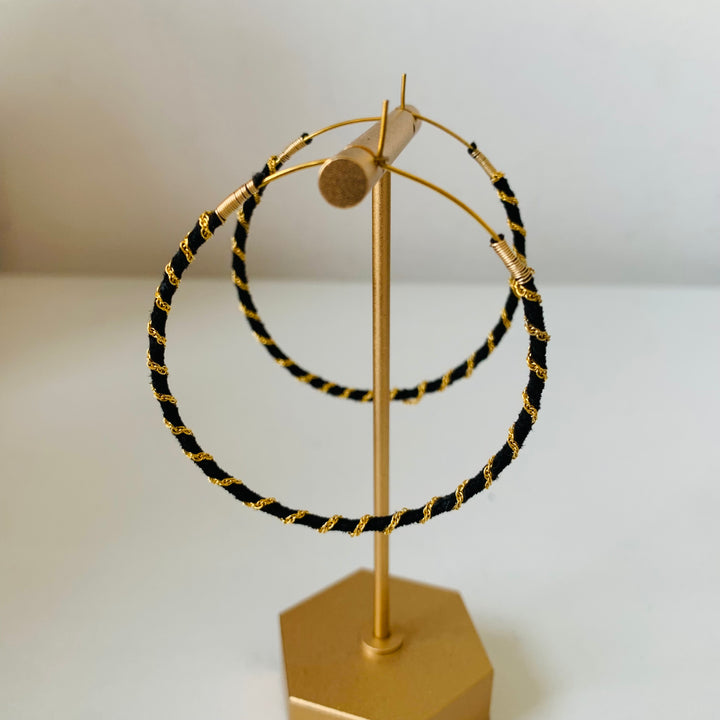 Black & Gold Rope Hoop Pierced Earrings