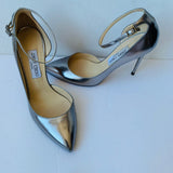 Jimmy Choo Lucy 100 Women’s Silver Metallic Leather D’Orsay Pointy Toe Ankle Strap Pumps Size 40
