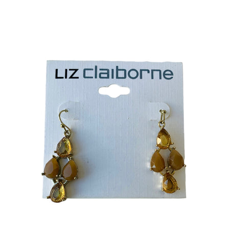 Liz Claiborne Drop Pierced Earrings in Tan Rhinestone/Stone