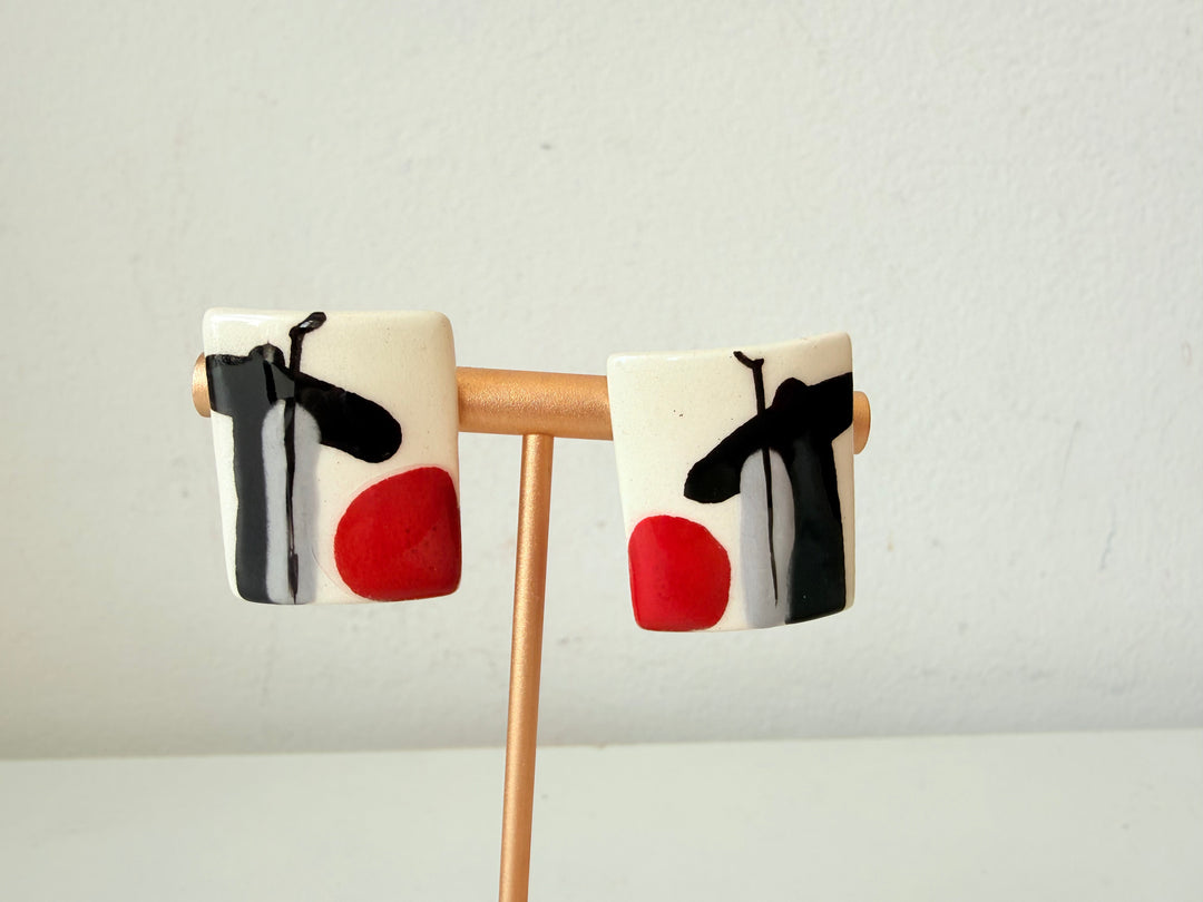 Vintage Modern Abstract Hand Painted Signed Pierced Earrings