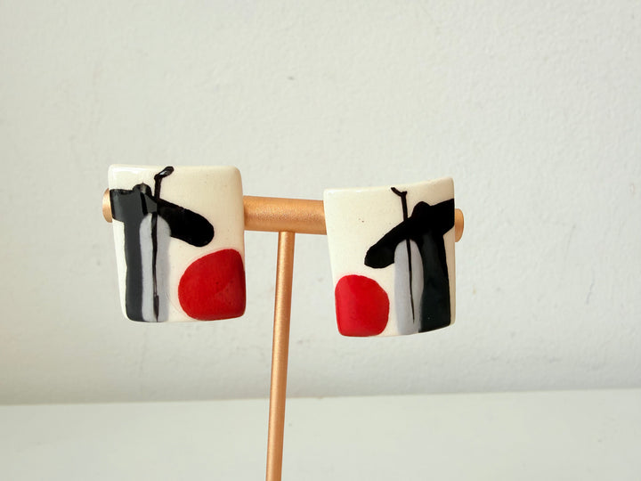 Vintage Modern Abstract Hand Painted Signed Pierced Earrings