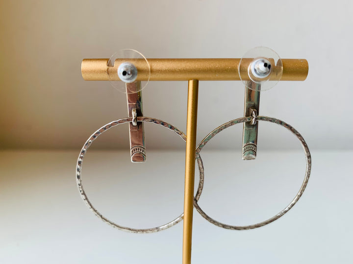 Silver Tone Large Hammered Circular Hoop Pierced Earrings