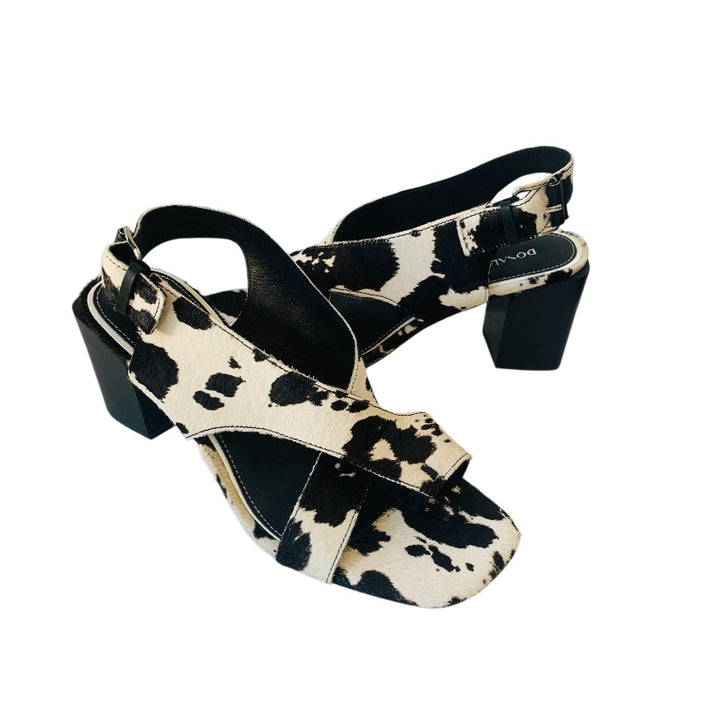 Donald Pliner Women’s Pasha Cow Print Hair Calf Sandal in Bone/Black Size 8.5