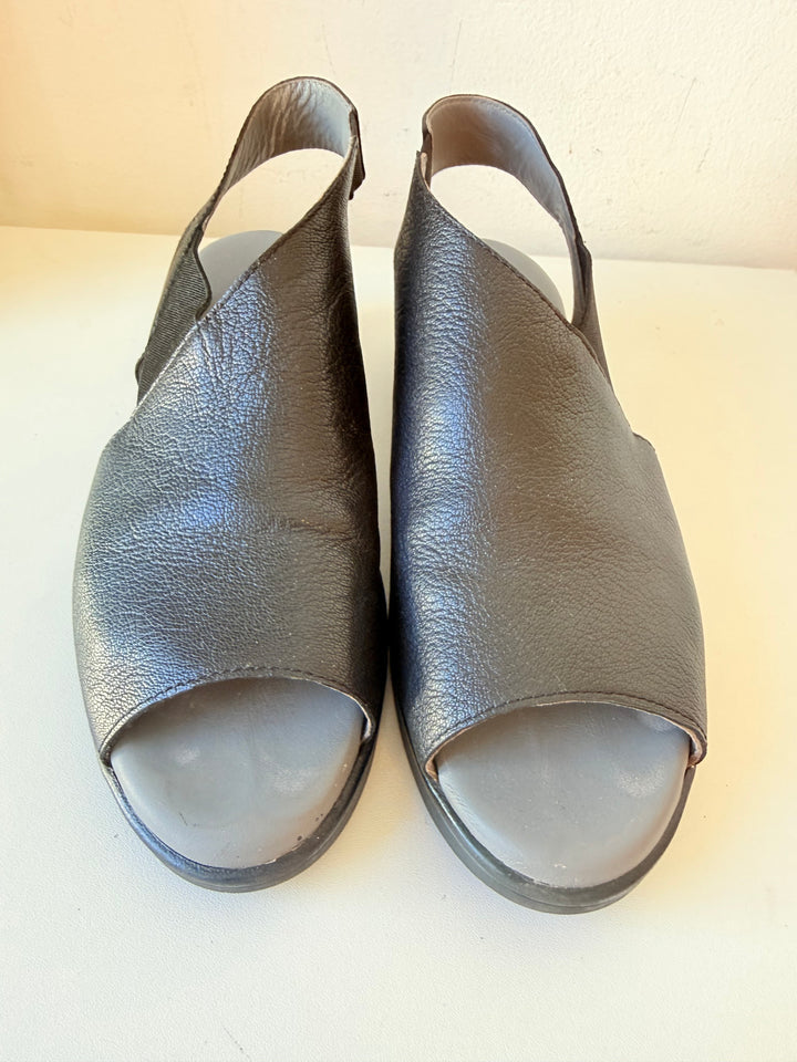 Fly London Nily Wedge Black Leather Sandals Size 39