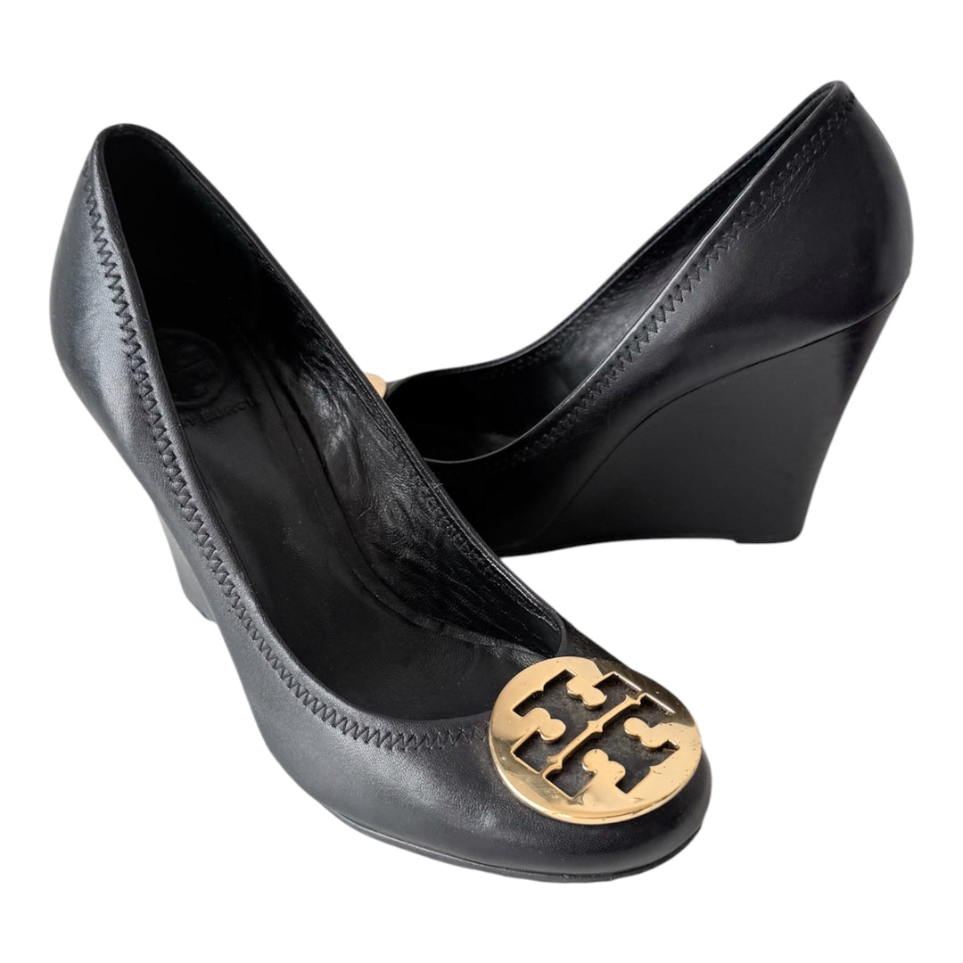 Tory Burch Sophie Black Leather Wedge Pumps Size 8.5