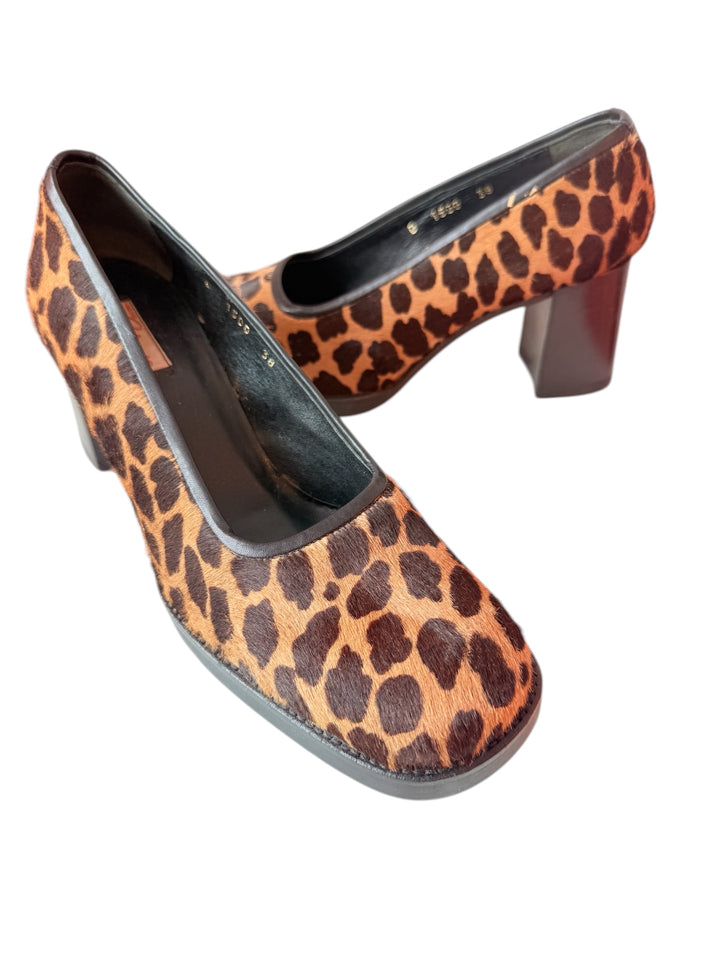 Vintage Calypso Calf Hair Leopard Print Block Heel Pumps Size 38