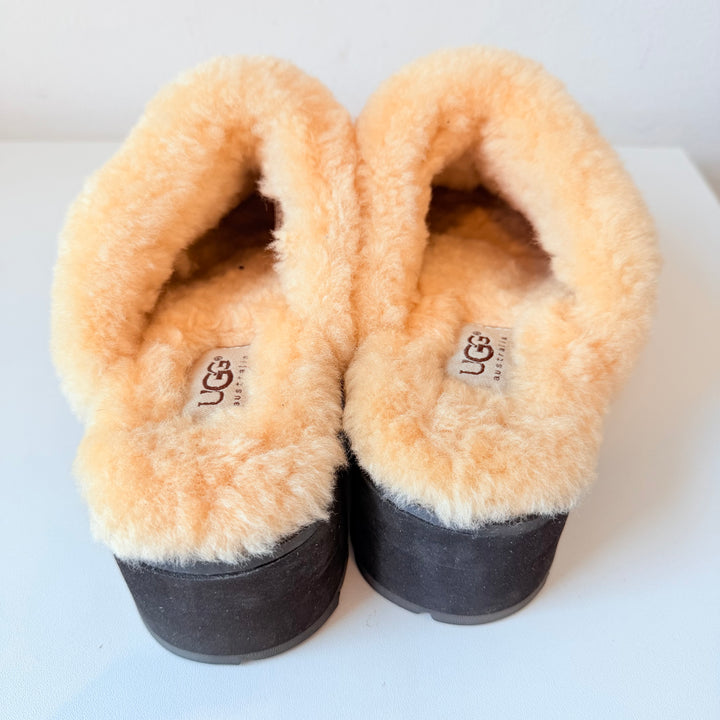 UGG Brown Blossom Embroidered Suede & Sherpa Heeled Mule/Clog Size 9 New