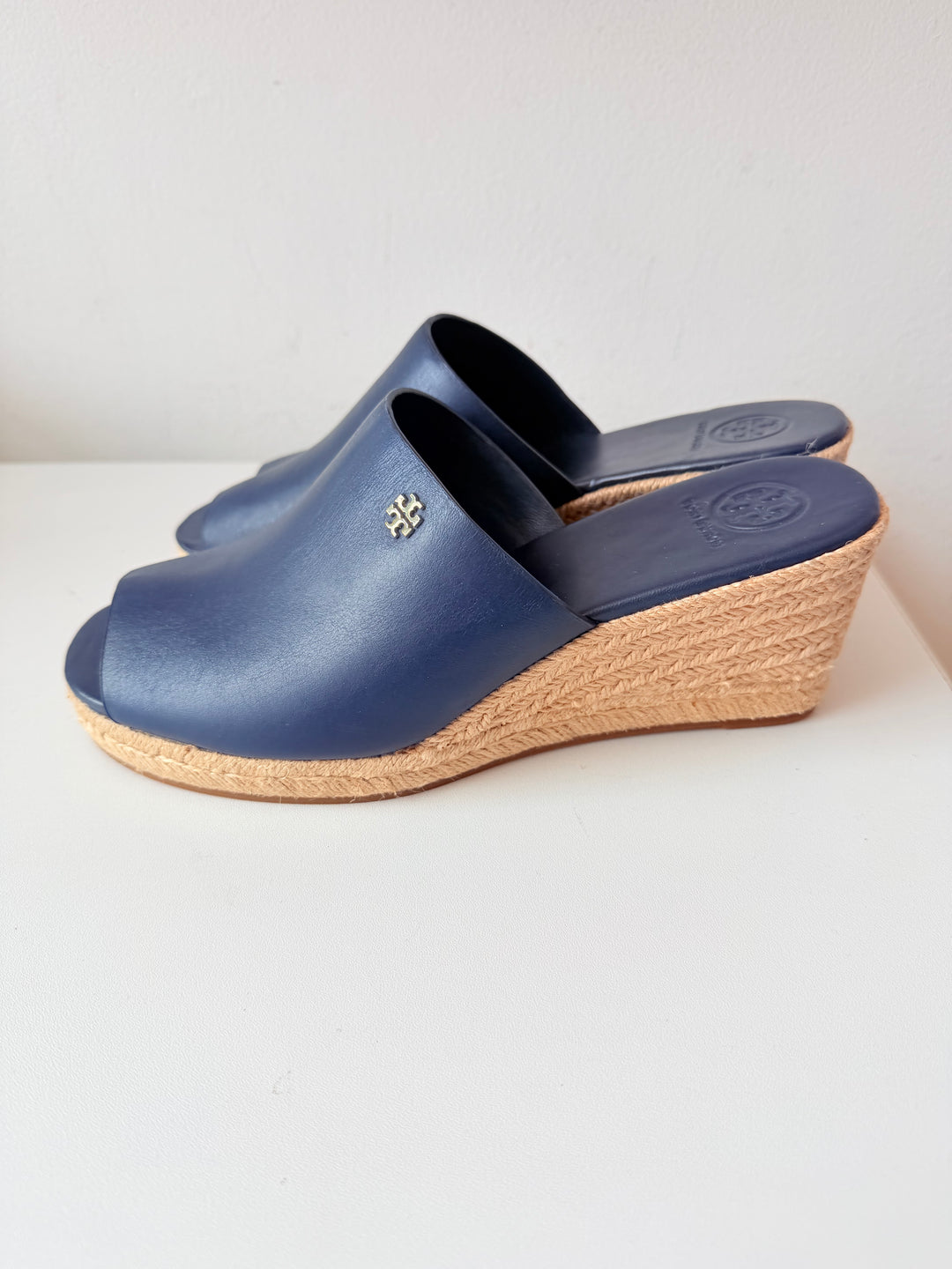 Tory Burch Bima Espadrille Wedge Sandals In Navy Blue Size 8 New
