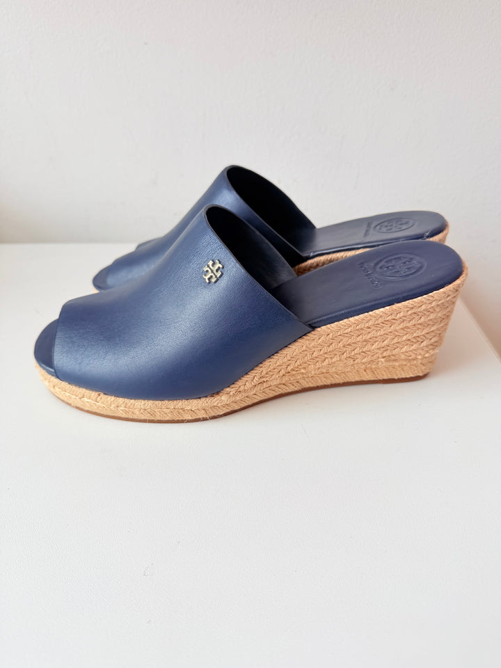 Tory Burch Bima Espadrille Wedge Sandals In Navy Blue Size 8 New