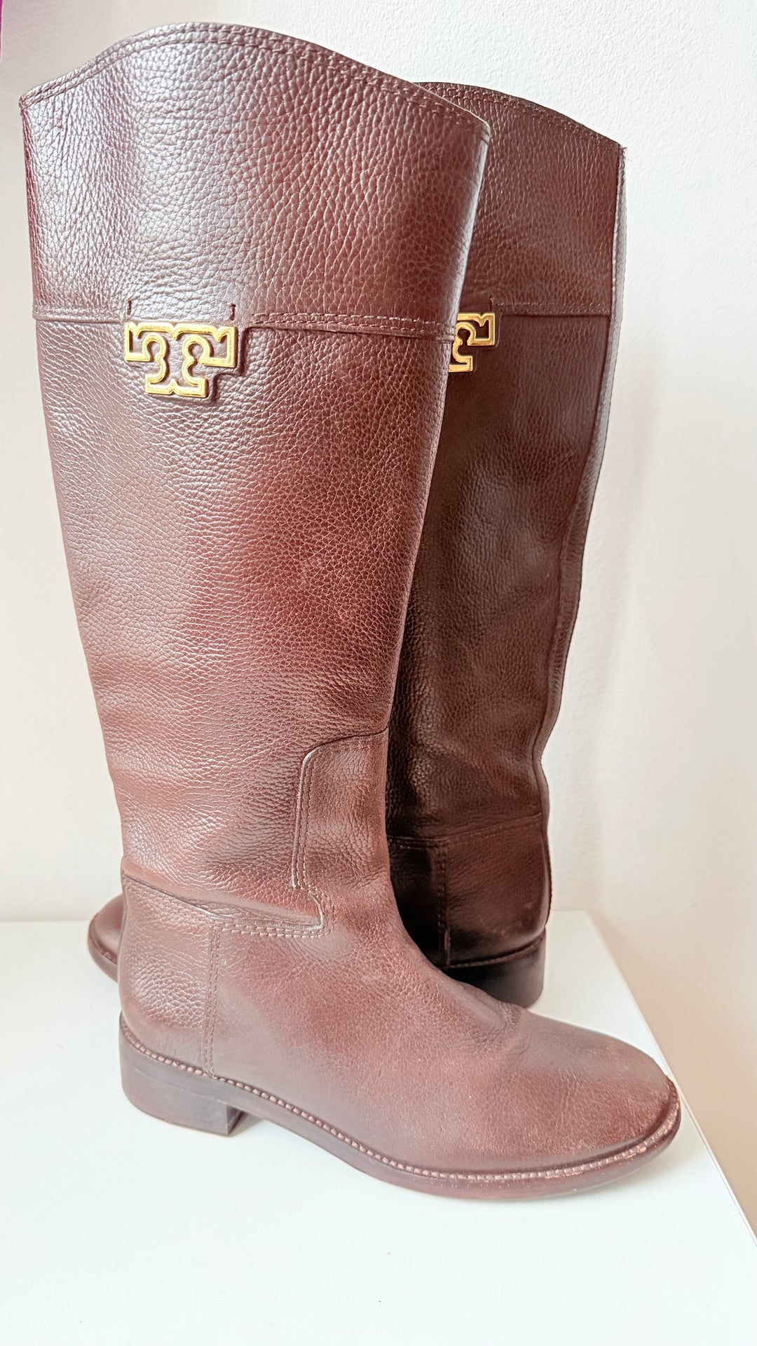Tory Burch Joanna Pebbled Brown Leather Riding Boots Size 8.5
