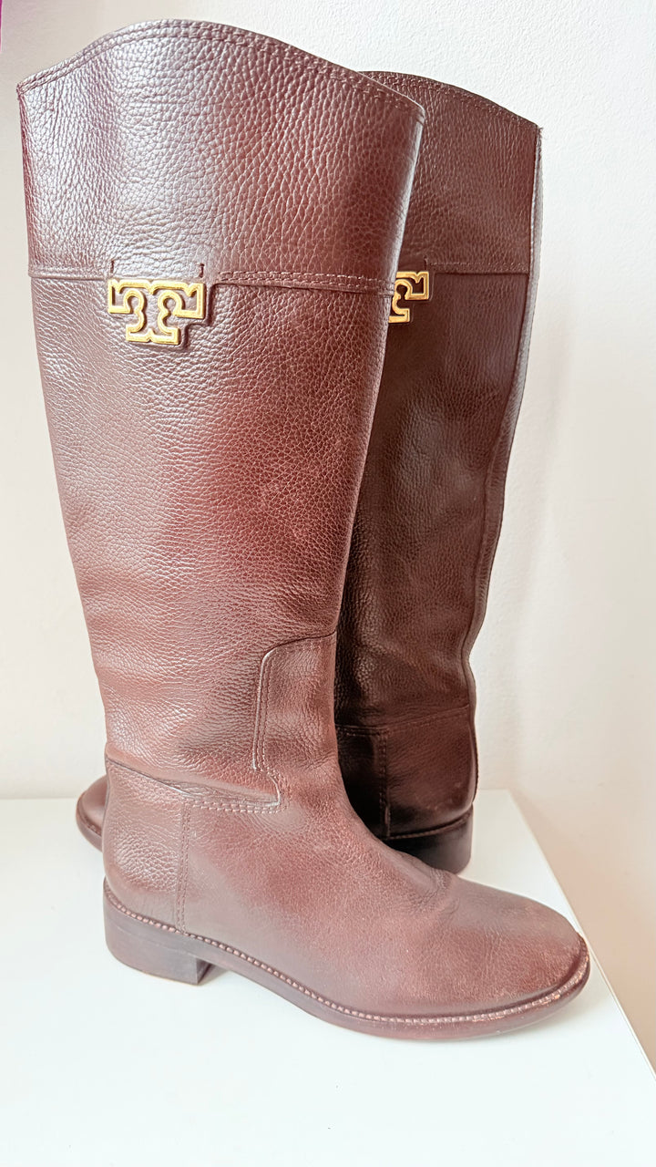 Tory Burch Joanna Pebbled Brown Leather Riding Boots Size 8.5