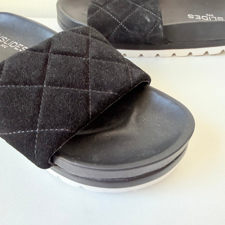 J/Slides NYC Rio Black Quilted Suede Slip On Platfork Sandals Size 6.5 New