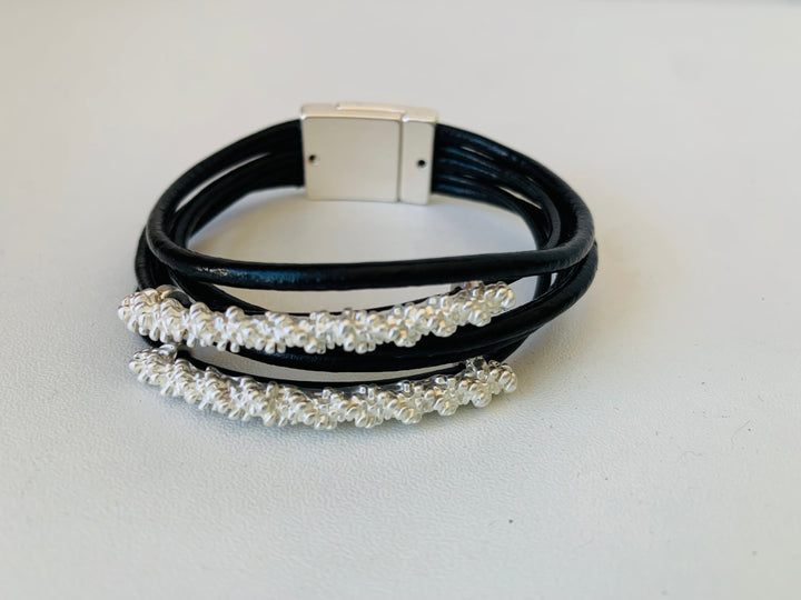 Black Rhinestone and Leather Magnetic Bracelet