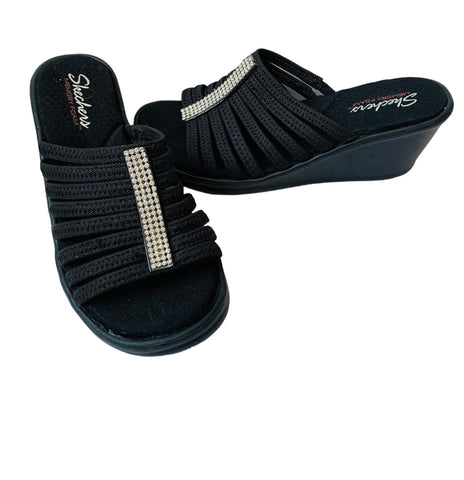 Skechers Cali Rumblers Hot Shot Black Platform Wedge Sandals Size 9.5