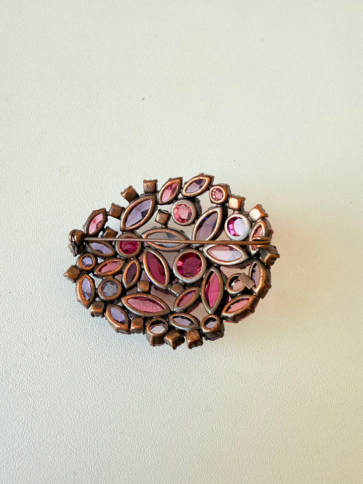 Vintage Regency Pink Aurora Borealus Rhinestone Cluster Leaf Brooch