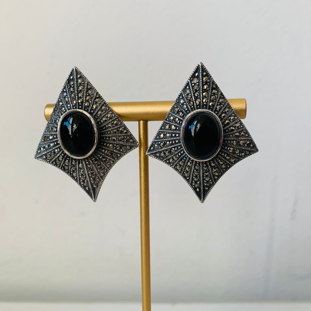 Judith Jack Vintage Sterling Onyx and Marcasite Pierced Earrings
