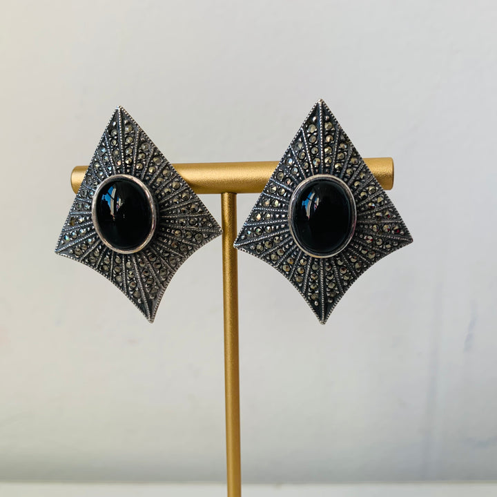 Judith Jack Vintage Sterling Onyx and Marcasite Pierced Earrings