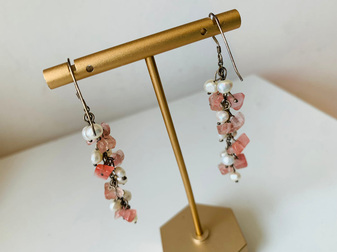Pink Rough Stone and Pearl Drop Pierced Earrings