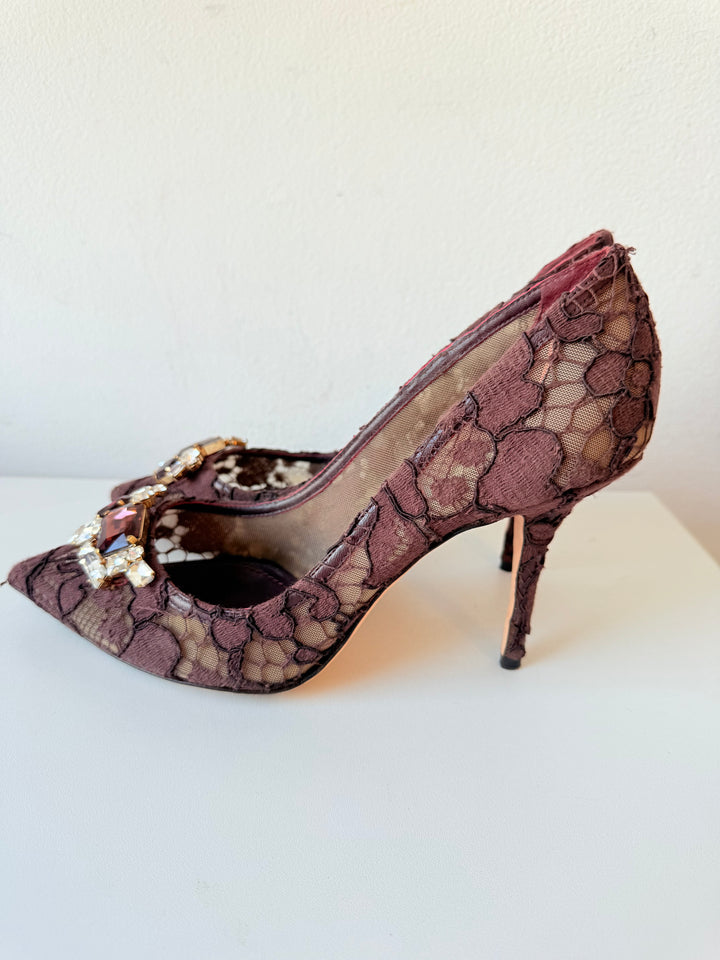 Dolce & Gabbana Taormina Burgundy Lace Pumps With Swarovski Crystal Brooch Detailing  Size 41