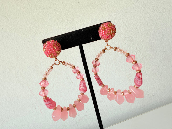Pink Beaded Boho Style Post Pierced Hoop Earrings In Goldtone