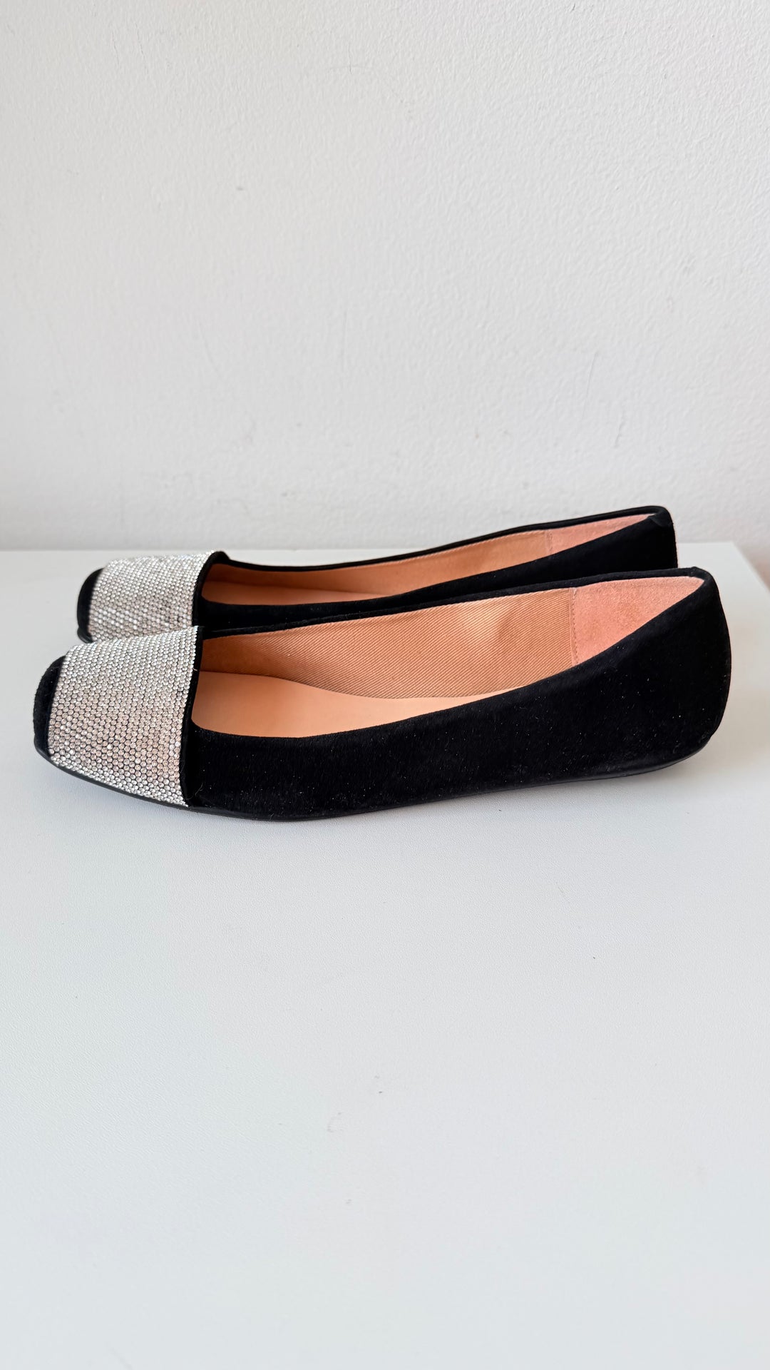 French Sole Via FS/NY Black Rhinestone Square Toe Ballet Flats Size Women’s 7