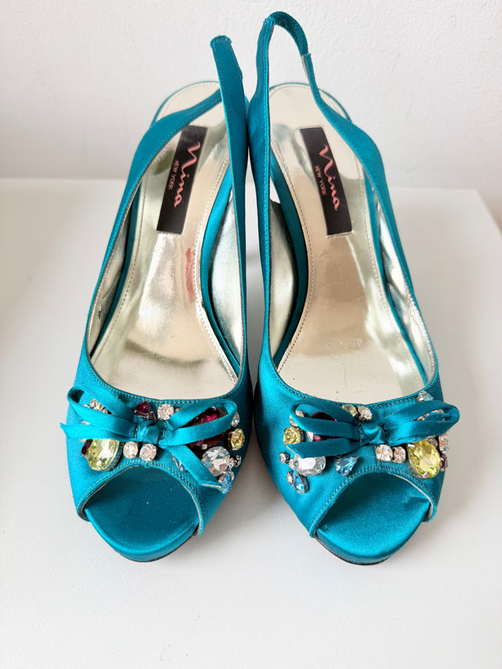 Nina Teal Blue Milika Satin Crystal Embellished Peep Toe Heeled Slingbacks Size 8