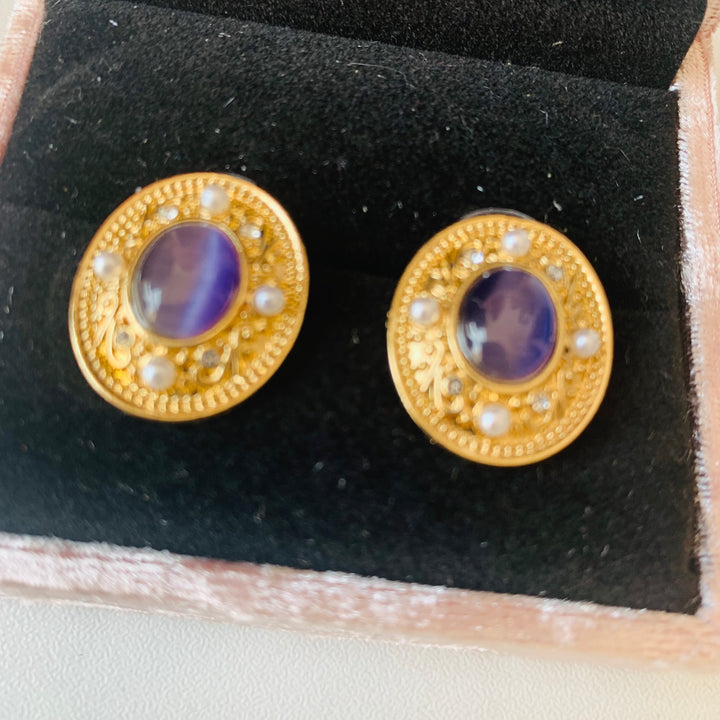 Blue And Pearl Gold Tone Pierced Earrings
