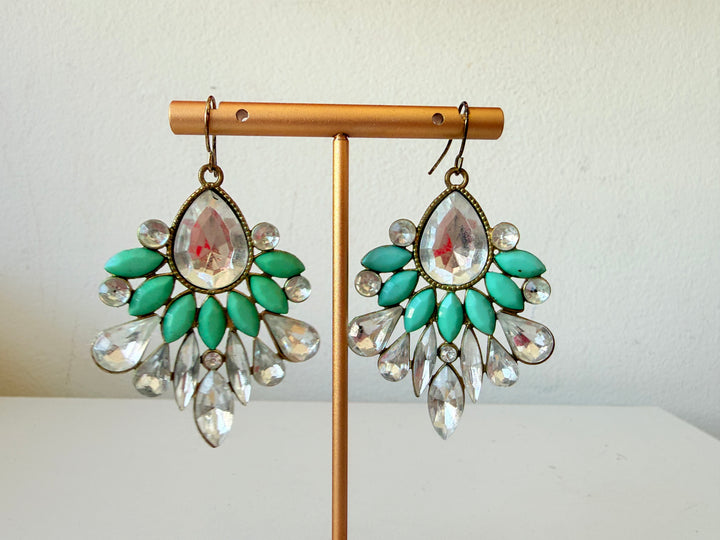Mint & Gold Statement Pierced Earrings With Clear Rhinestones