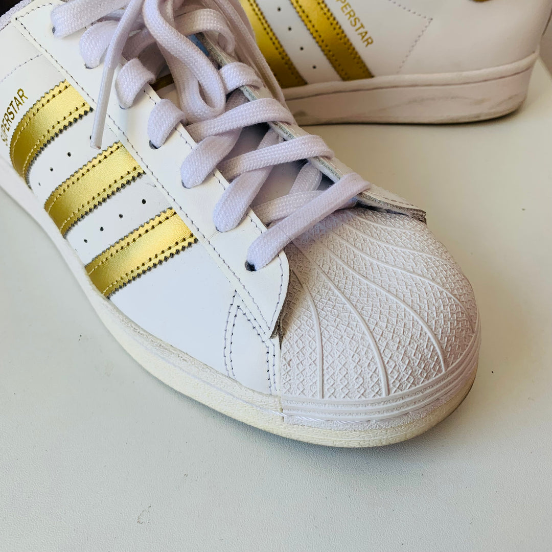 Adidas White and Gold Superstar Sneakers Size 9