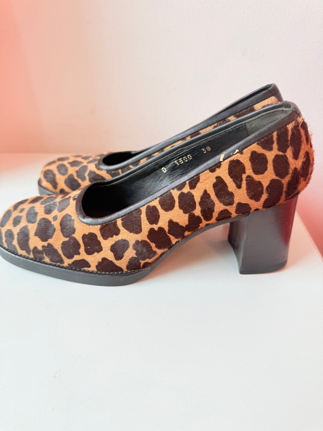 Vintage Calypso Calf Hair Leopard Print Block Heel Pumps Size 38