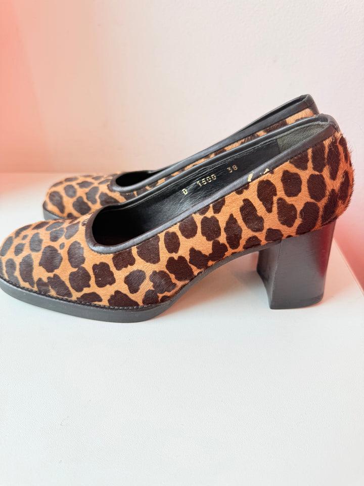 Vintage Calypso Calf Hair Leopard Print Block Heel Pumps Size 38