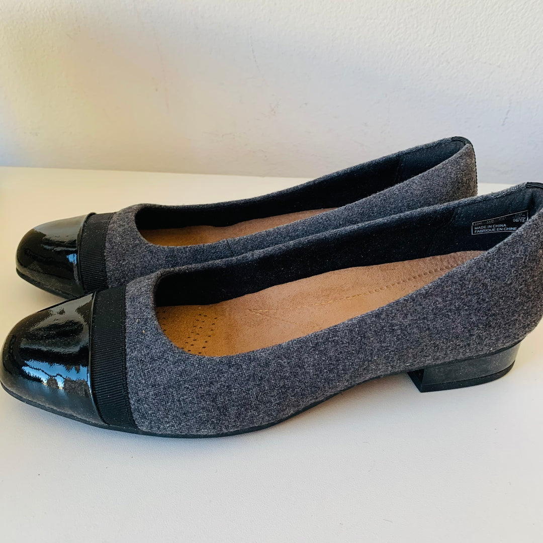 Clark’s Keeaha Rosa Women’s Grey Fabric & Black Patent Pump Size 7.5