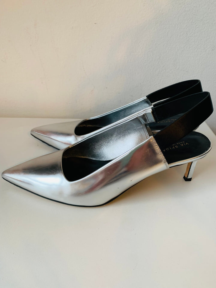 Via Spiga Silver Metallic Slingback Heels Size 8