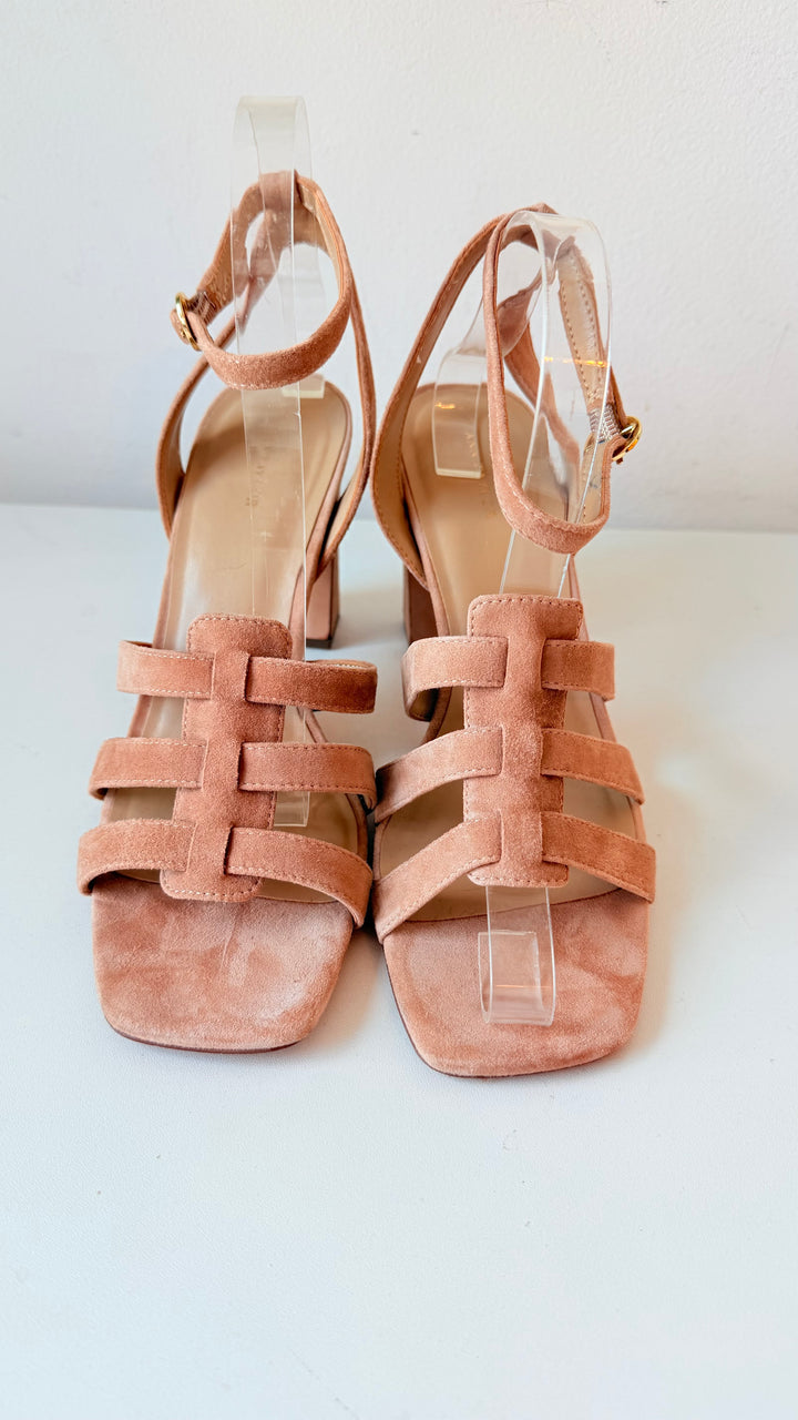 Ann Taylor Arnetta Tan Suede Block Heel Strappy Sandals Size 9