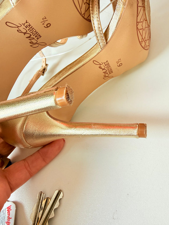 Jewel By Badgley Mischka Haskell II Gold Metallic Ankle Strap Heeled Sandals Size 6.5