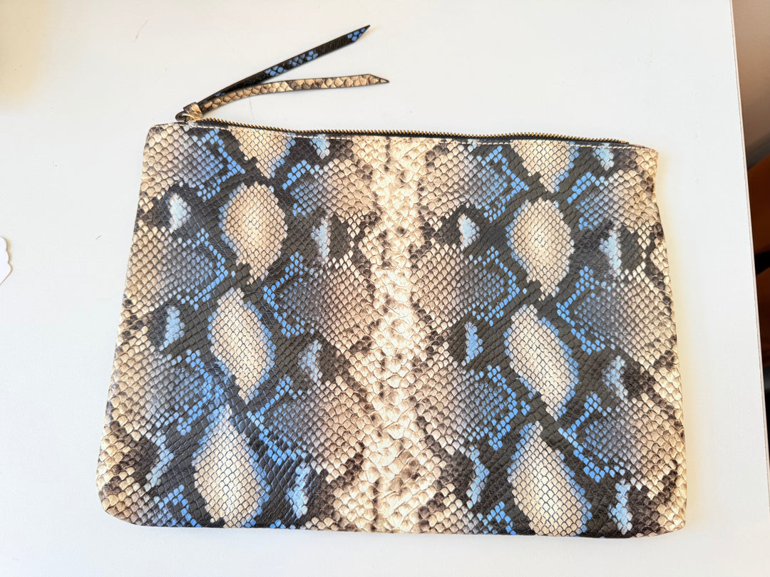 Banana Republic Faux Snakeskin Zippered Pouch Clutch In Tan/Blue
