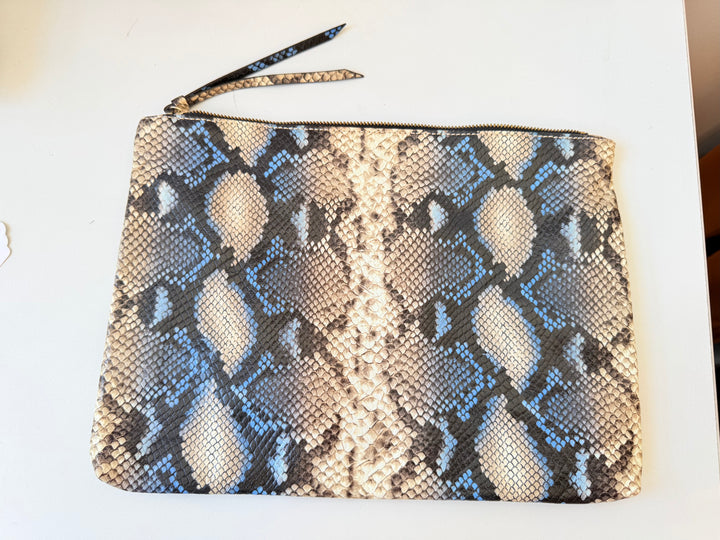 Banana Republic Faux Snakeskin Zippered Pouch Clutch In Tan/Blue