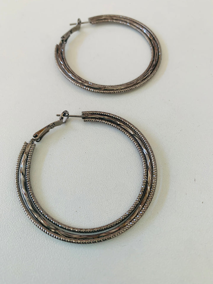 Platinum Tone Three Strand Pierced Hoop Earrings
