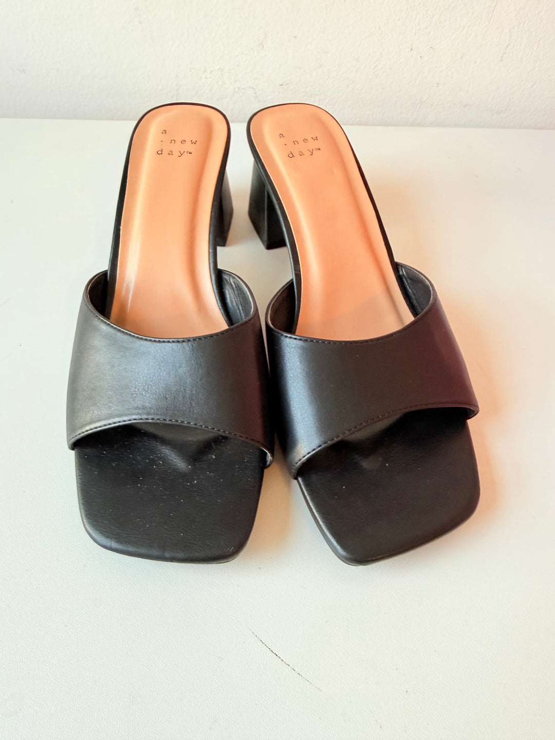 A New Day Black Slip On Block Heeled Sandals Size 9